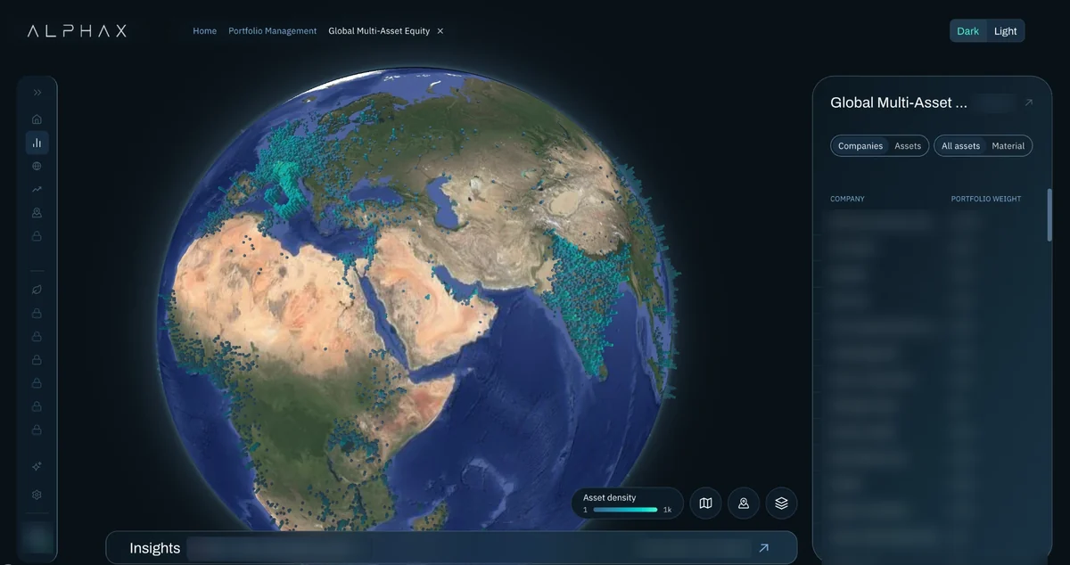 The AlphaX platform: a portfolio's assets on a globe, with its holdings beside it